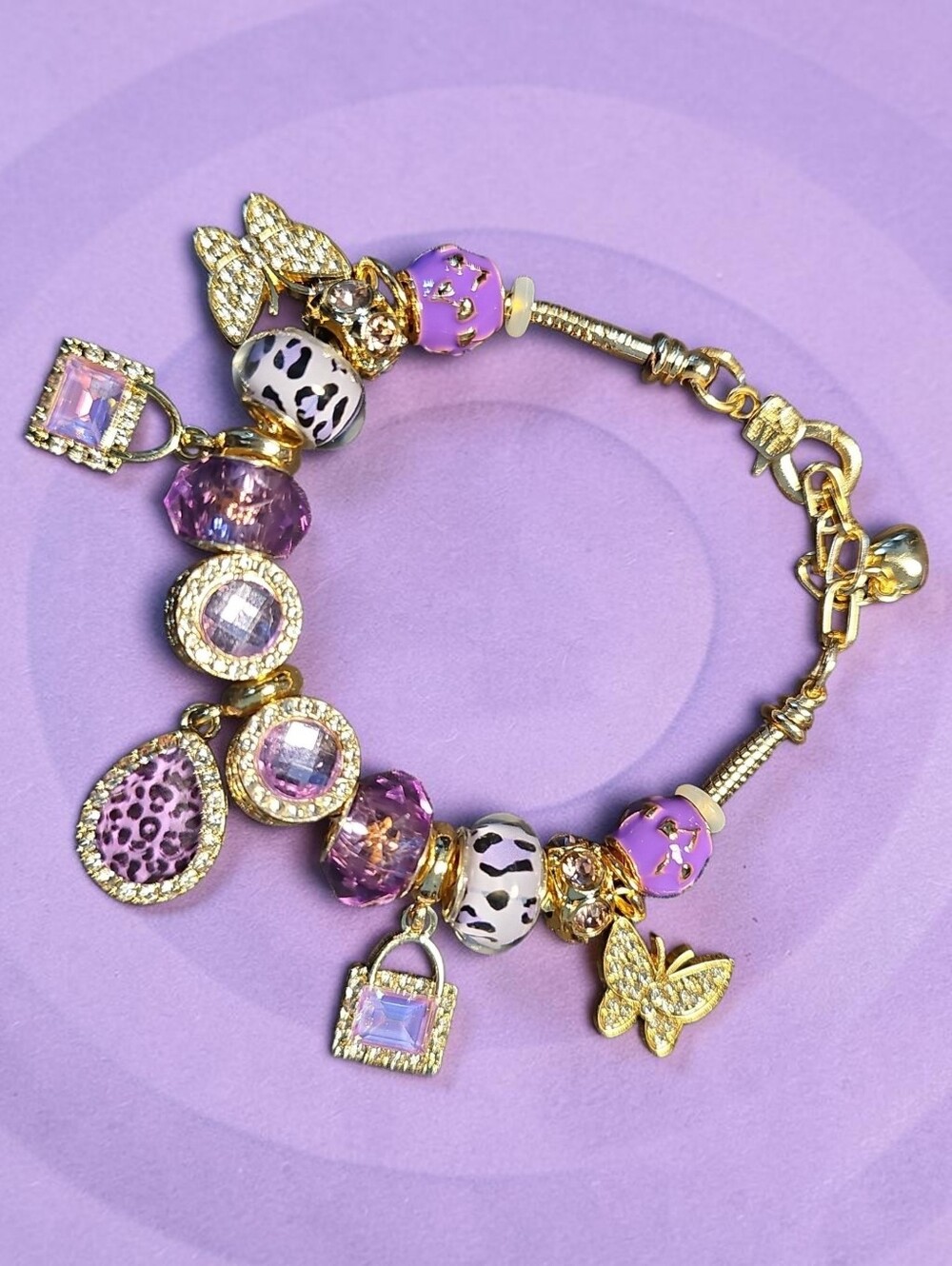 Sassified Boutique Nwt  Purple Charm Bracelet with Butterfly and Gem Accents
